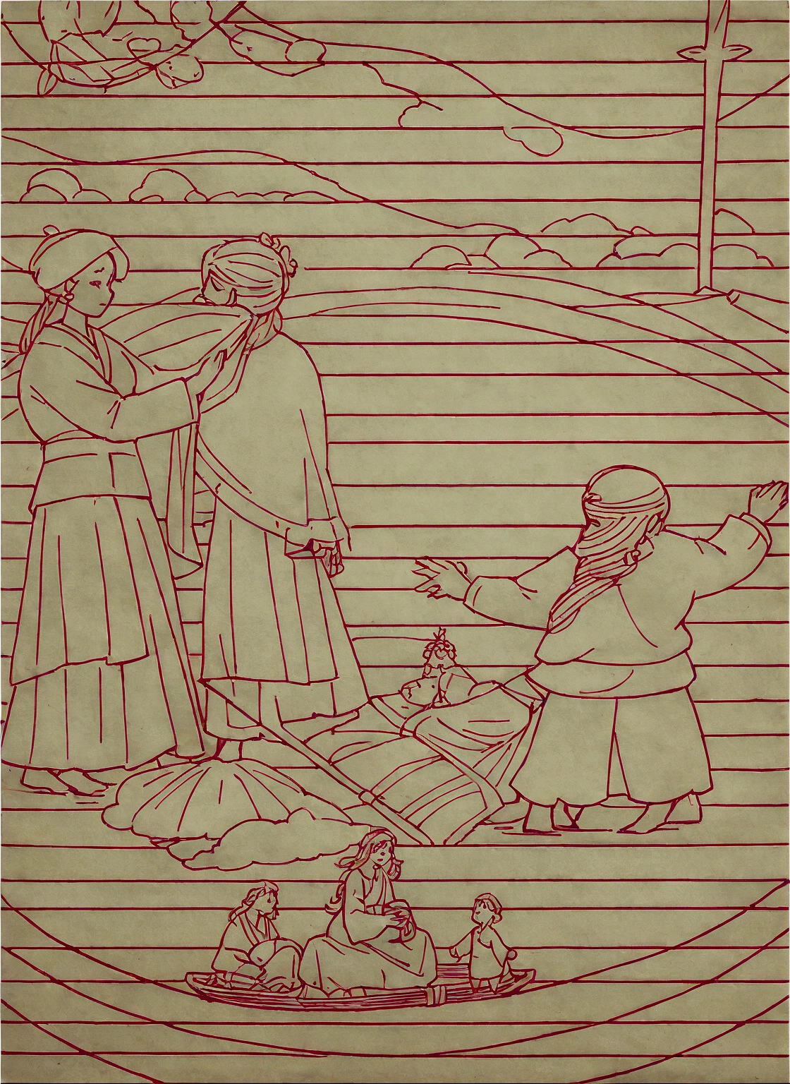 A colorful paper with a manger and a woman on a boat, Full-page illustrations, Coloring Book, 实地日志Line Art, Full-page illustrations, Line Art, Folklore illustrations, detail on scene, Linear illustration, Coloring book pages, Stylized lines, Coloring book outline, Coloring Pages, Scary appearance, Concept works, Many years have passed, A panel