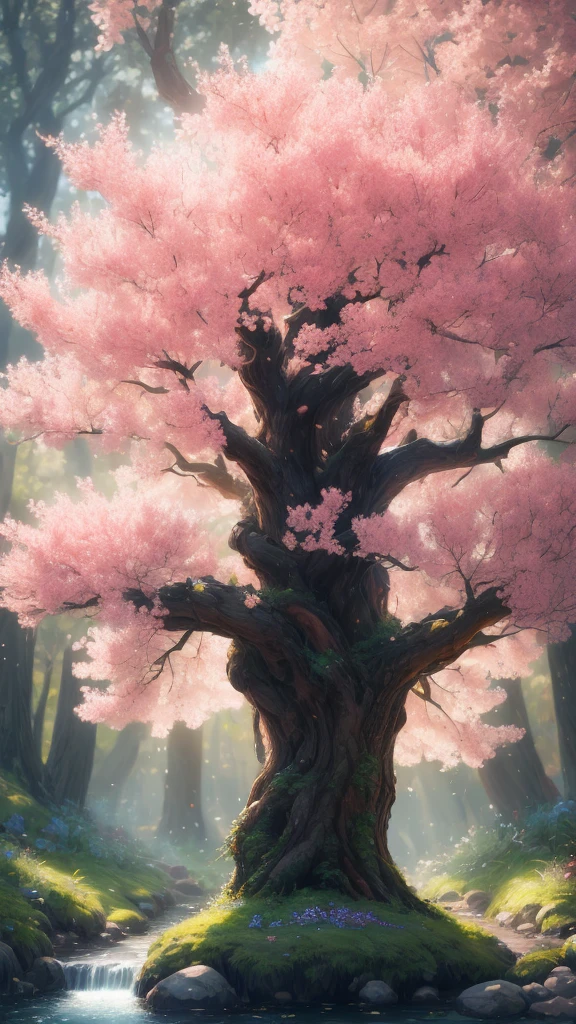 (best quality,8K,high resolution,masterpiece:1.2),Extremely detailed的 CG 渲染,Award-winning photos,Bokeh,Depth of Field,Human Development Report,flowering,Contrasting colors,Practical,Extremely detailed,Art Station Trends,CG Social Trends,complicated,High Detail,dramatic,Art tour,Volumetric Lighting,tree with fruits,in the center of the garden,Forrest,Trees,stream,birds,A ray of light in the sky