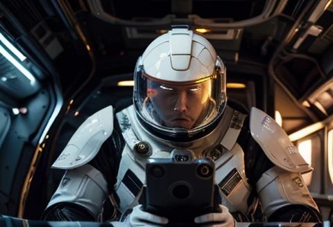 The captain of the astronauts is a plump, chubby man, extremely thick thighs, a large belly, fat. Passing inside the spaceship laboratory , he checks an analysis under the microscope. His arms are holding digital analysis devices. He wears a spacesuit. The robot uses laser fire at the viewer, A robot has the palm of its hand showing the viewer, setting frozen planet blizzar,In the image we have 2 Astronauts in space uniform piloting a spacecraft, view inside the spacecraft. A humanoid robot is nearby helping.