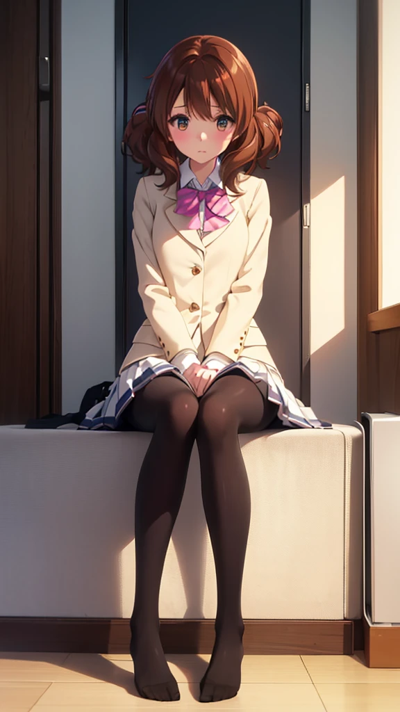 Highest quality, masterpiece, High resolution, (Head to Toe full body), front, frontやや下からの構図, Symmetric, Tall 18 year old girl, alone, (Head to Toe), (Small breasts), disheveled brown hair, bangs, (black tights), (Black Pantyhose), (Sit with your legs apart), (Crouching pose), (A composition showing white panties), (She has her legs spread and her white panties are visible.), (Sit on the floor with your legs spread), (M-shaped foot), Thin legs, とても美しくTall 18 year old girl, (No shoes), blush, Shy big eyes, Looking into the camera, Blazer Uniform, Checkered Pleated Skirt、Kumiko Oumae