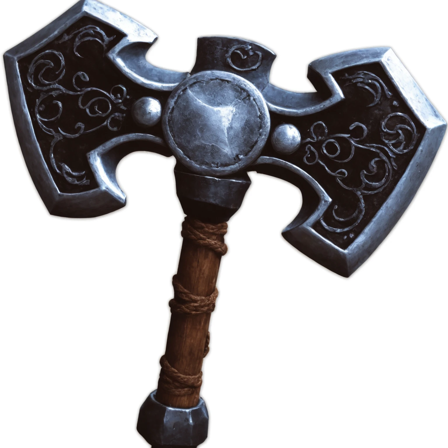 Close up of a large metal axe with a metal handle, Mjolnir, thors hammer, Axe element,