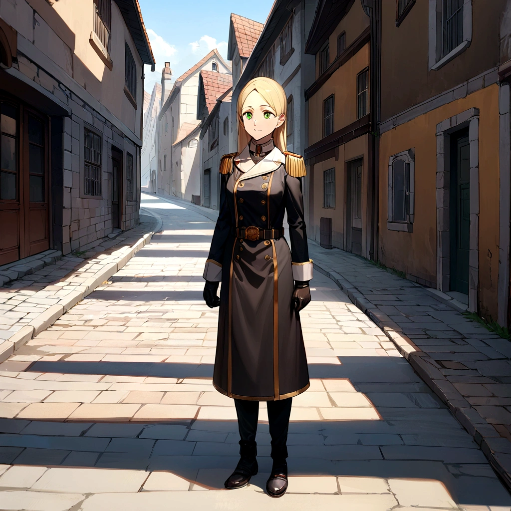 young adult girl, Tall stature, little chest, closed mouth, Slavic appearance: Green eyes; blond hair; sharp facial features; dimple on the chin; Straight nose; high nose; pronounced high cheekbones; high forehead, stands upright, military uniform: gray double-breasted overcoat; gray pants, Full-length painting, black leather gloves, in the middle of the street, Background: A street with a stone paved road with European stone houses from the first half of the 20th century, High quality shadows, High quality of light, High quality clothing, Masterpiece picture quality, max detail, Masterpiece quality.