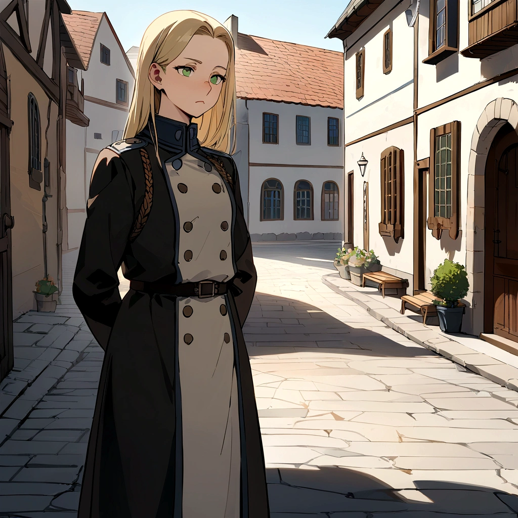   girl, Tall stature, little chest, closed mouth, Slavic appearance: Green eyes; blond hair; sharp facial features; dimple on the chin; Straight nose; high nose; pronounced high cheekbones; high forehead, stands upright, military uniform: gray double-breasted overcoat; gray pants, Full-length painting, black leather gloves, in the middle of the street, Background: A street with a stone paved road with European stone houses from the first half of the 20th century, High quality shadows, High quality of light, High quality clothing, Masterpiece picture quality, max detail, Masterpiece quality.