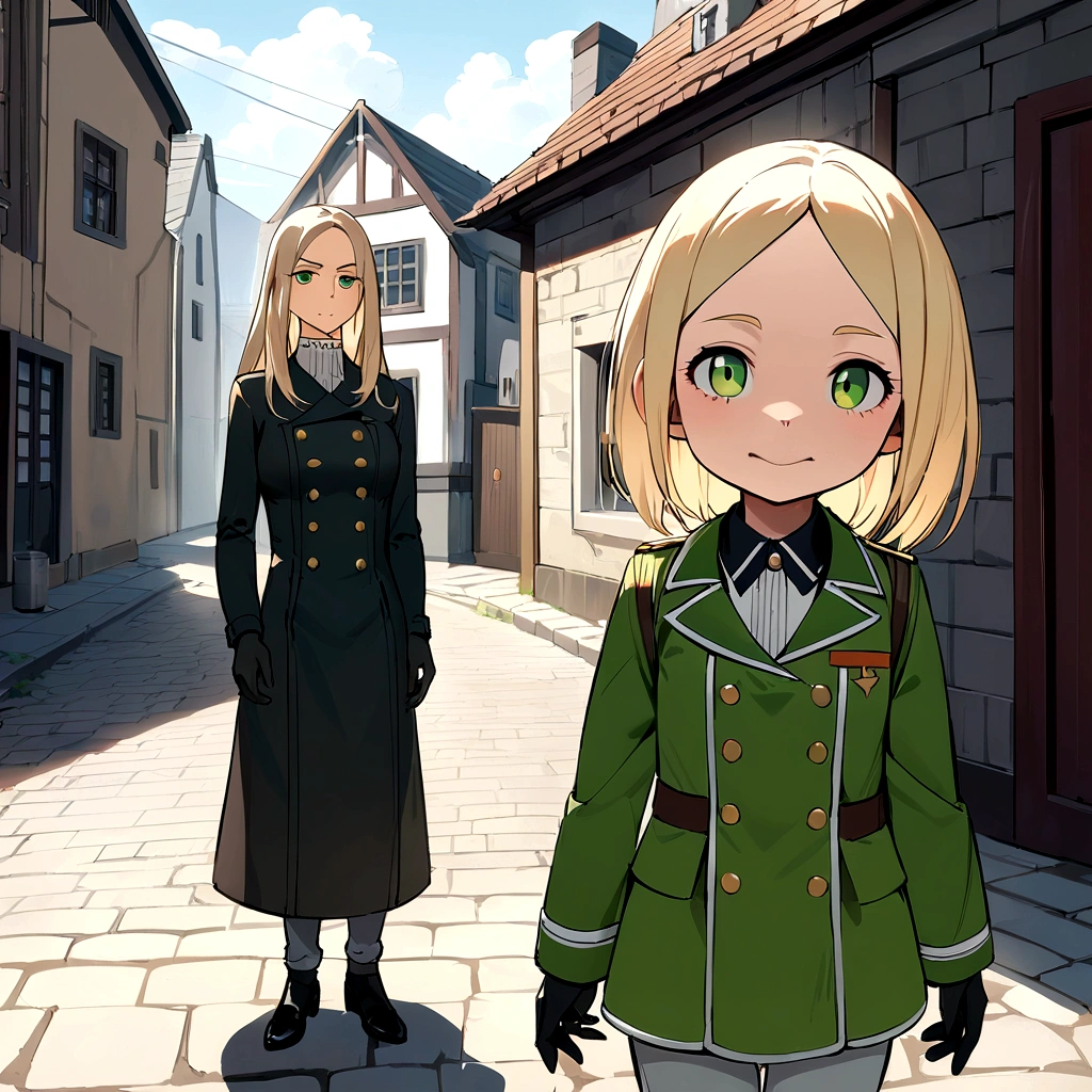 young adult girl, Tall stature, little chest, closed mouth, Slavic appearance: Green eyes; blond hair; sharp facial features; dimple on the chin; Straight nose; high nose; pronounced high cheekbones; high forehead, stands upright, military uniform: gray double-breasted overcoat; gray pants, Full-length painting, black leather gloves, in the middle of the street, Background: A street with a stone paved road with European stone houses from the first half of the 20th century, High quality shadows, High quality of light, High quality clothing, Masterpiece picture quality, max detail, Masterpiece quality.