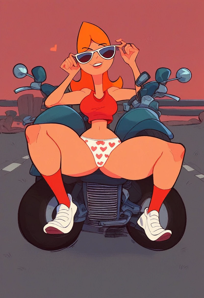 Candace, red tank top, skirtless, driving a motorcycle, white panties with red hearts, heart print panties, legs, white shoes, red socks, sunglasses, front view, thicc thighs, head turned to viewer, looking at viewer, 2D cartoon,