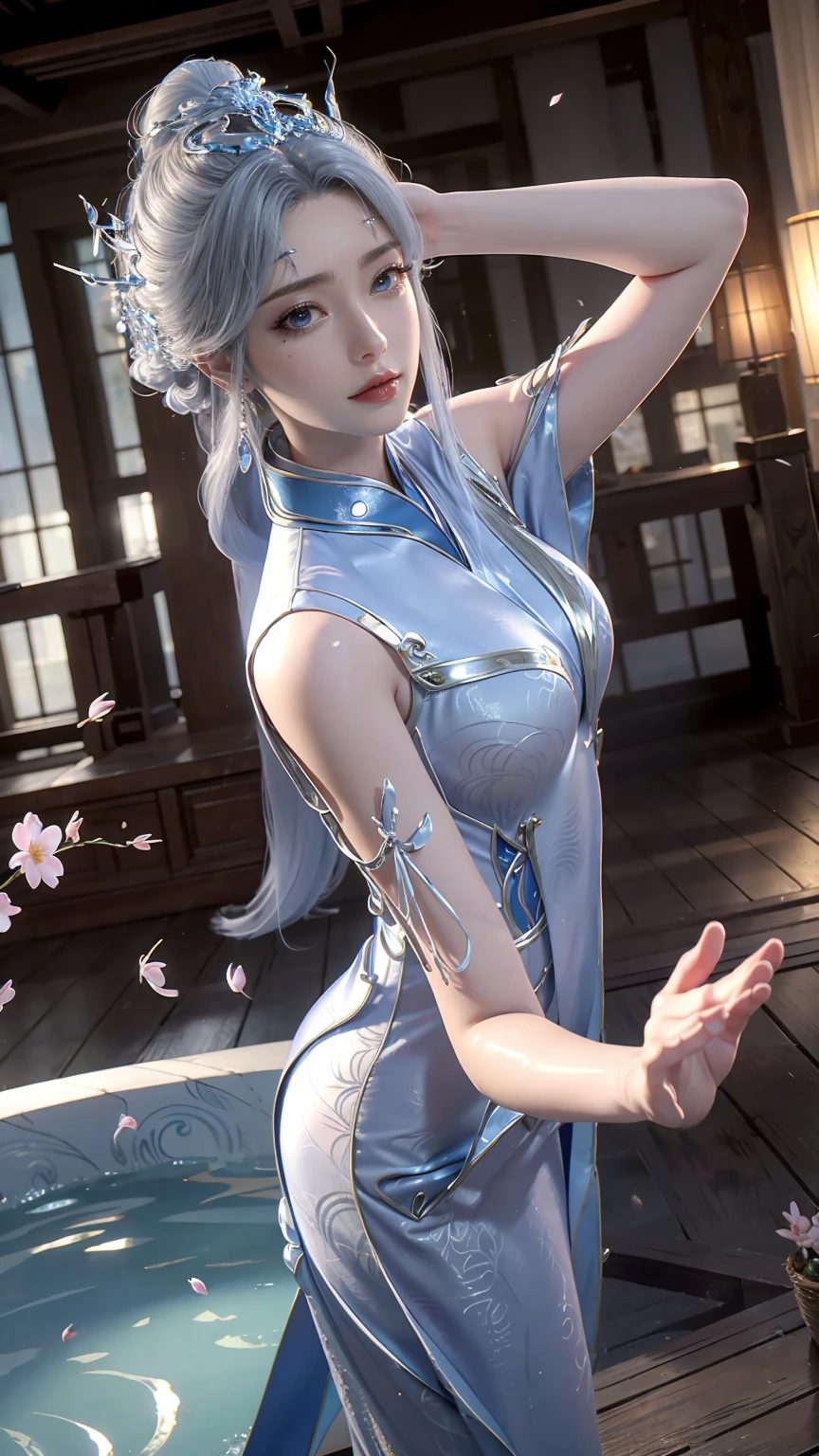 (Logo、masterpiece、8K、On the table、RAW photos、wonderful、最high quality、Photorealistic and hVery detailed CG integrated 8K wallpaper、high quality、Very detailed、Narrative Poems、Particle Effects、dynamic effect)、fantasy、 (1 beautiful woman、Pretty Face、serious、Beautiful and delicate eyes、Beautiful skin、Woman dancing gracefully:1.4)、头发在wind中飘舞、hair jump、camisole、Silver earrings、night、wind、snow and 霜、Very cold winter day、Bathtub side、wonderful scenery、美丽的自然wind光、night sky、wind、Cherry blossoms、Cherry blossomsの花びらが舞っている、Fubuki Sakura、Falling Flowers，Suspender Pajamas，Lace-edged pajamas，Full body capture，Wet all over，Water Magic，Wet
