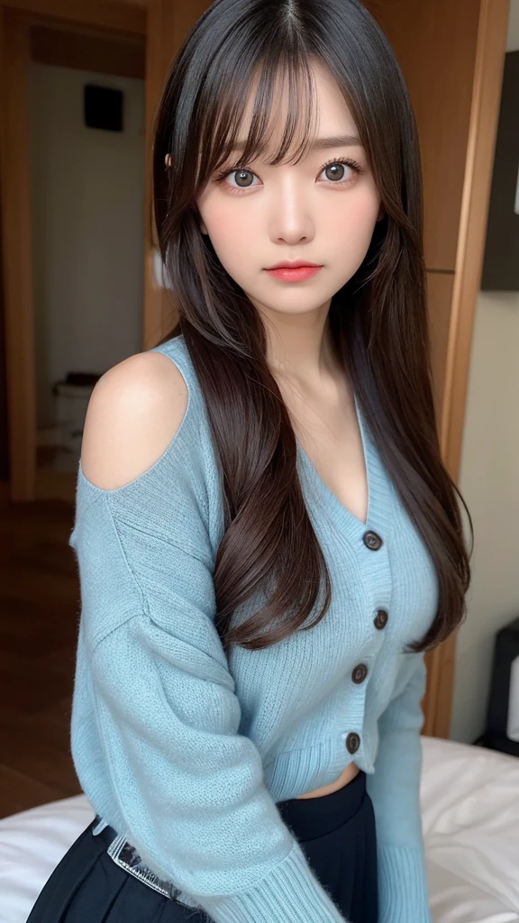 (lifelike, high resolution:1.3), 1 girl with a perfect figure, The face shape and eyes are super beautiful,Long hair, Random color vest:1.2, Short jeans, Big ,Showing cleavage