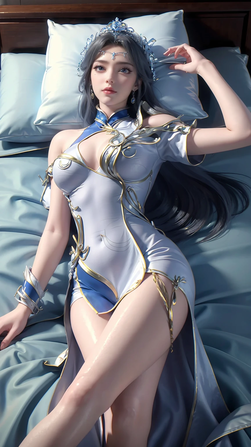 一个女孩Lying in bed,Face up,Raise your legs slightly,Front view super detailed beautiful big breasted girl . Ultra HD, 4K, 8K, Movie,whole body,Lying down,Long legs,Very big breasts,whole body捕捉,(((Lying in bed))),(((whole bodyLying in bed))),big bed,Off-shoulder,Shoulder to shoulder,Lying in bed,Sleeping on the pillow,Lying down,Headrest pillows,Wet all over,Water Magic,Wet