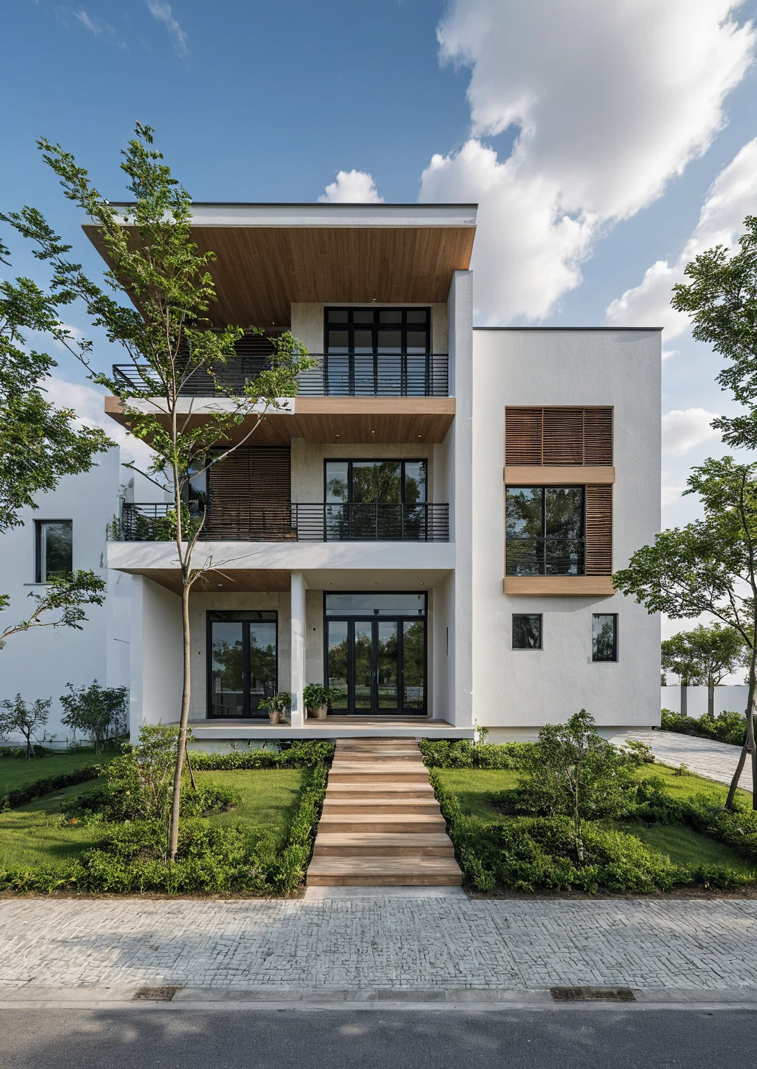 Masterpiece, high quality, wooden louvers, best quality, authentic, super detail, outdoors, onestoreyvillaXL, aiaigroup, house style modern on the street ,stairs, white wall ,road,pavement, grass, trees, sky, cloud, (daylight:1.1)