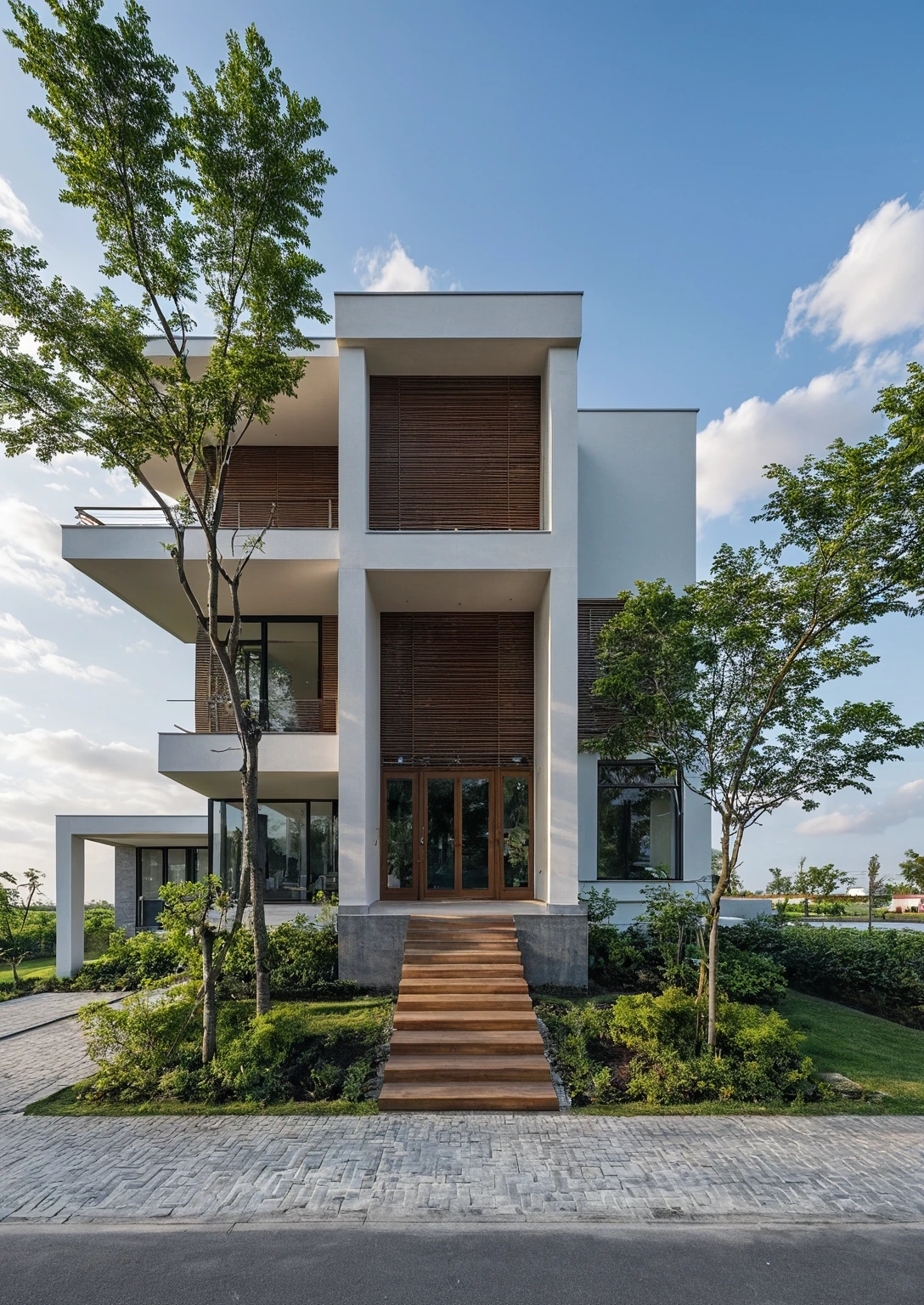 Masterpiece, high quality, wooden louvers, best quality, authentic, super detail, outdoors, onestoreyvillaXL, aiaigroup, house style modern on the street ,stairs, white wall ,road,pavement, grass, trees, sky, cloud, (daylight:1.1)
