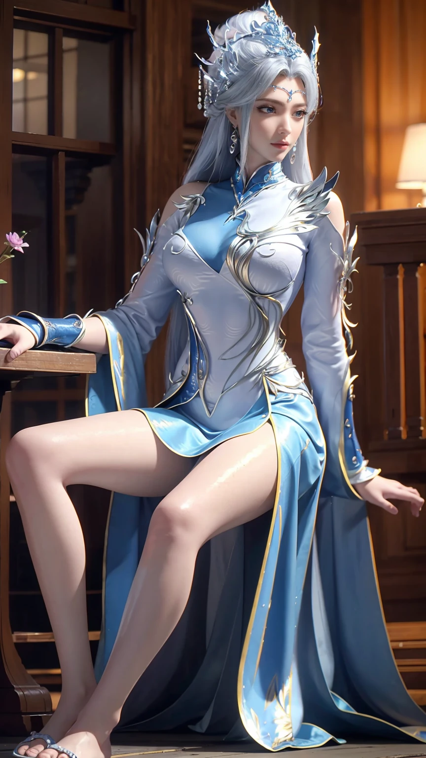 ((Shot in the knee)), ((From below)),A young girl, Wearing a skirt,At the bar, sit on the chair, Cross your legs, Posing elegantly, Detailed scenario, Messy long hair, Blush Blush, Beautiful slender legs, (Very high color saturation), details, Ultra Detailed, (masterpiece, Best quality), (Extremely exquisite and beautiful work), Delicate earrings, Exquisite necklace, Simple blur background, Extremely detailed description, Super Fine, Delicate face, slim body, Thin waist, (Grin), (Anatomically correct),whole body,barefoot,Wet all over,Water Magic,Wet