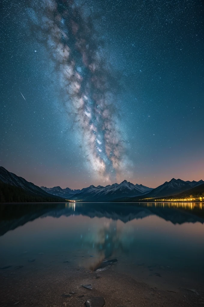 Starry sky over a lake and mountains with shooting stars, Night Sky; 8K, Starry Sky 8K, Environment of the Milky Way, Milk is high up in the sky, The endless universe in the background, max rive, Magnificent and wonderful atmosphere, Breathtaking alien landscapes, beautiful Night Sky, 8Kマットペイント, 8Kマットペインティング, 4K Matte Paint