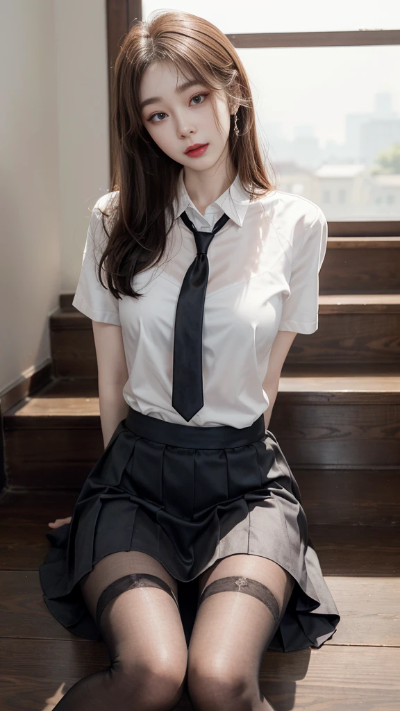 Korean 、summer  shirt、Tight shirt、Ribbon Ties、skirt by the、schools、stairs at school、chest lifting pose、Emphasis on the chest、Slender and large、8K raw photos、A high resolution、18-year-old Korean、embarrassing looking、very large round breasts、Beautiful eyes finely detailed、long eyelasher、beautiful double eyelid、eye shadows、eyeline、slender eyes、Elongated eye shape、Sanpaku eyes、beautiful and thin legs、Beautiful slender thighs、Random Shorthair、Tie your hair behind your head、耳Nipple Ring、Light brown hair、(Wear pantyhose)、Hold your knees，short hair,  fishnet stocking 