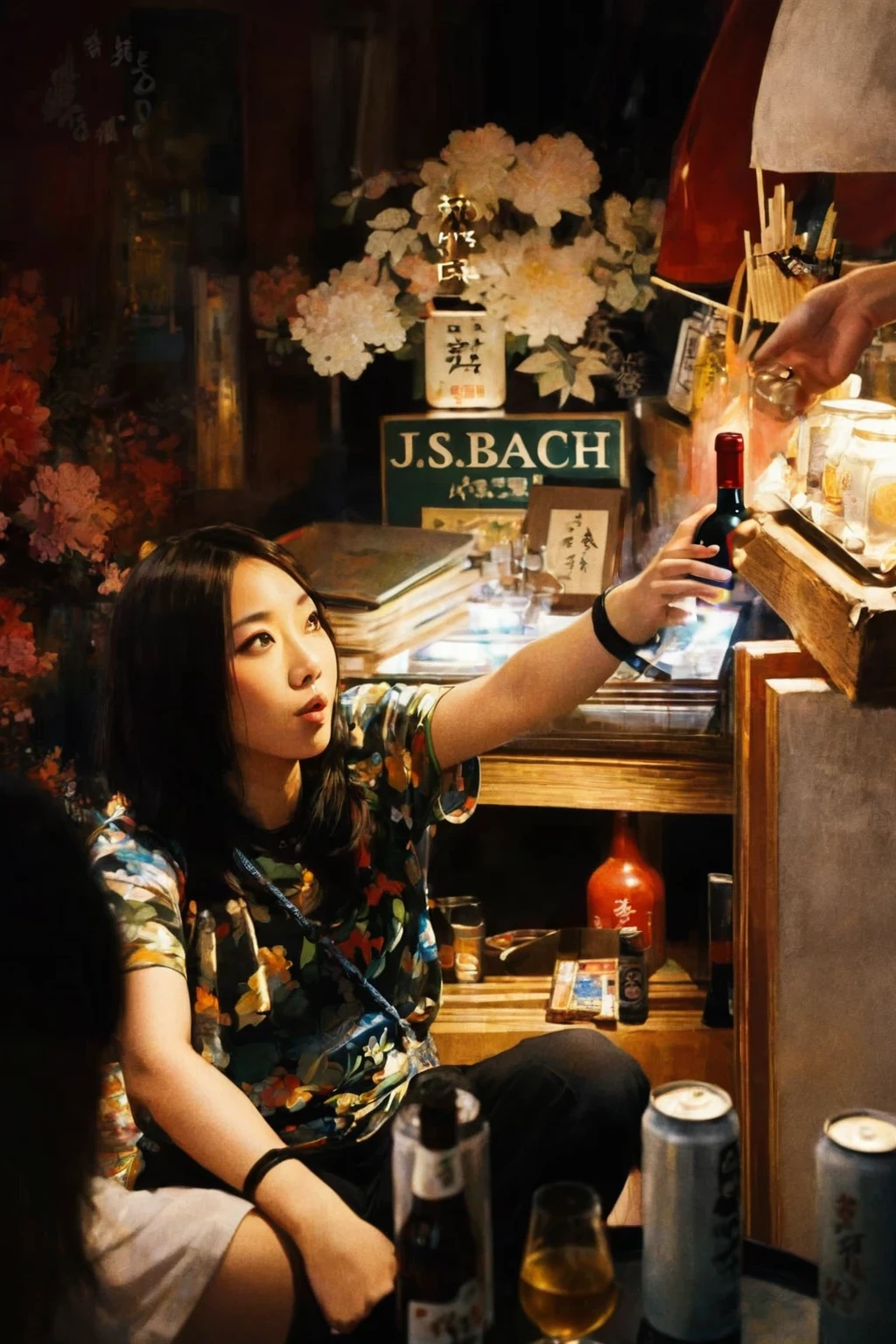 In hand is a bottle of red wine