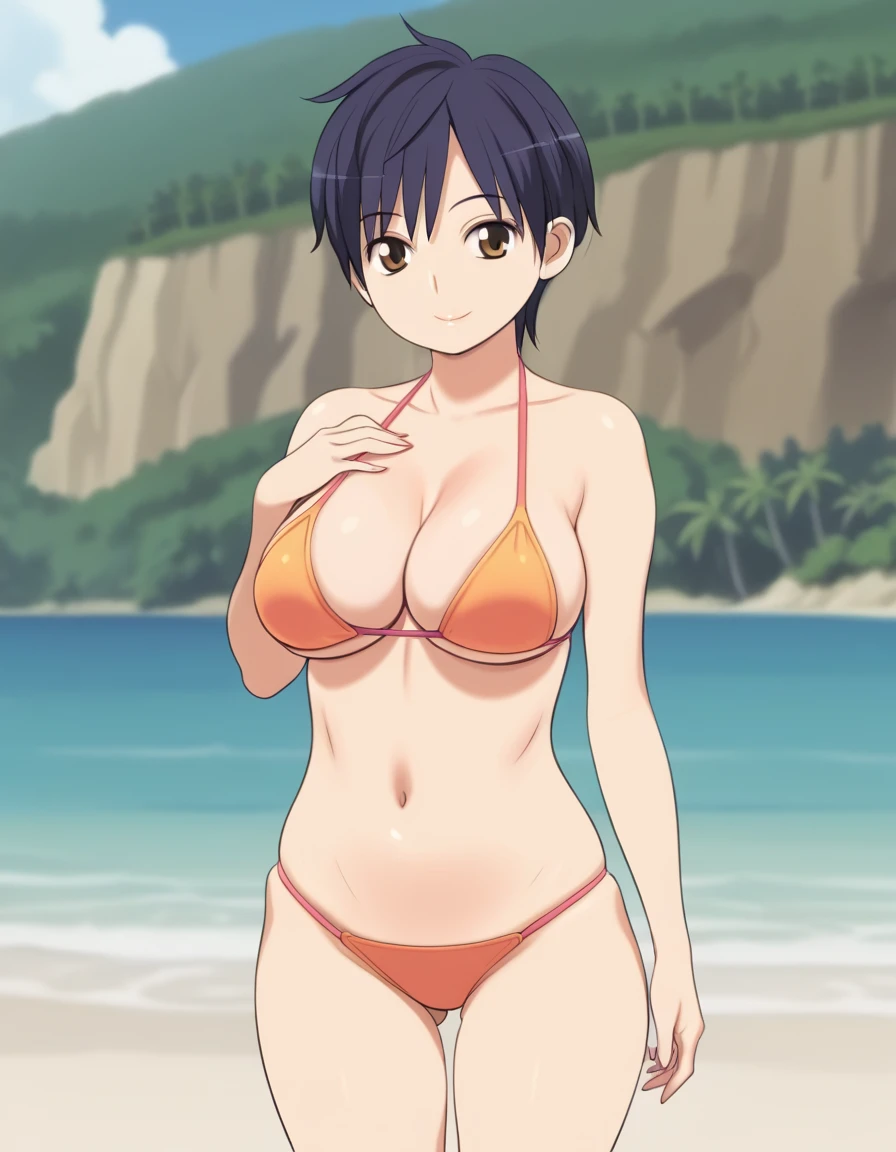 score_9, best quality, masterpiece, source_anime, by nora higuma BREAK, 1girl, short hair, big breasts, bikini, standing, beach, focus breasts