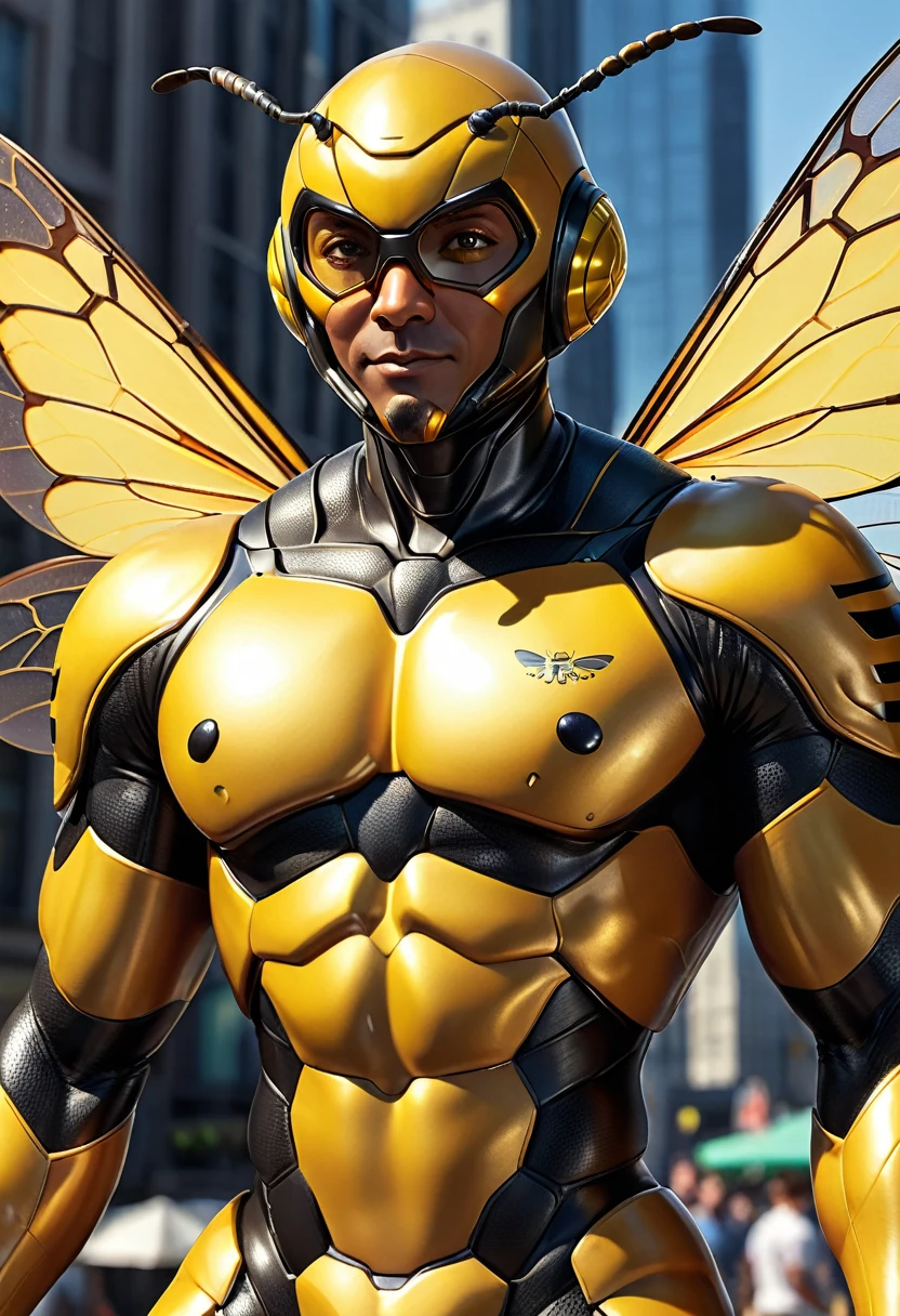 ((absurdres)) perfect whole body, ultra photorealistic, top quality, Photorealistic, ((16k UHD)) High Definition, high-res, ultra sharp, masterpiece, the best quality, intricate details, detailed eyes, perfect face detailed face, (((in a capital city town))) orange goggles, masterpiece, highly detailed exquisite character art, perfectly detailed anatomy, detailed body, detailed pecs, hyper pecs, thick thighs, (((sunny weather))) (((natural lights))), ultra-realistic, (((1male))) ((tall muscular man male humanoid)), bald, humanoid yellow skin, bee anatomy, deity, god of honey bees, humanoid black & yellow skin tone, yellow hue, powerful humanoid appearance, compound eyes, stinger, abdomen, metallic scales, scales. Metallic armour, wings, elf ears, glossy skin, large smirking face, flying in the sky, mandibles, Antenna, honey, ((male muscular stripe black & yellow humanoid insect honey bee)) (((yellow skin))), (((black skin))) 