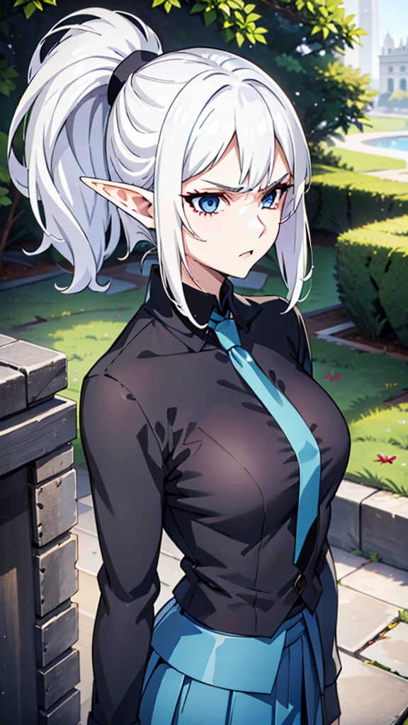 1girl ,solo,20s,mature female,serious face,short hair,elf ears,(grass),shirt,black standard tie,blue blazer,long sleeves, black pleated skirt,(upper body),frosty white Skin , Icy white hair ,Glacial blue eyes,mega side ponytail