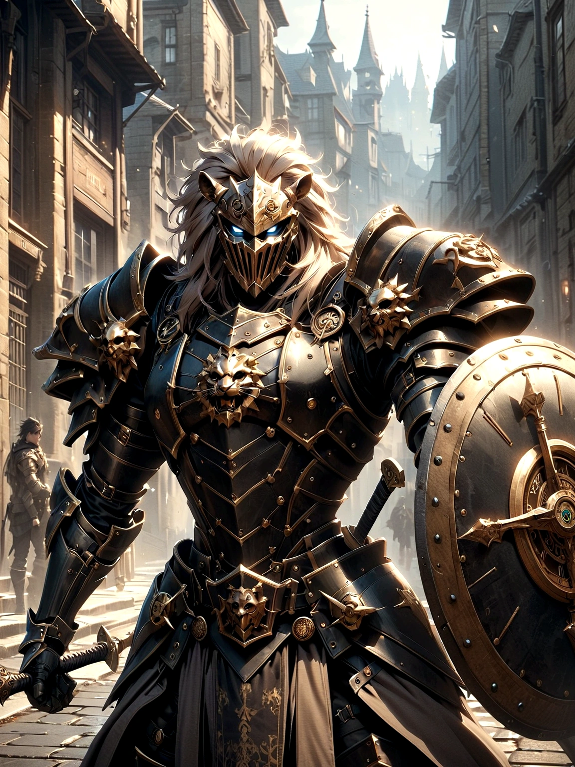 Lion Knight wearing combat uniform, on the street, black armor, Clock designs, Black Lion Man, Black Color armor, Sword and Shield