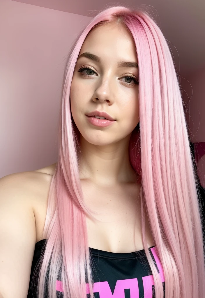 um close up de uma mulher com pink hair e um top preto, pink hair, pink straight hair, pink hair claro, com pink hair, pink hair longo, long bubblegum hair, bubblegum hair, pastel pink skin tone, long flowing pink hair, pink hair claro longo, pink hair wispy, pink hair claro com chamas cor-de-rosa, long hair with pastel colors, ava max, no pijama roja