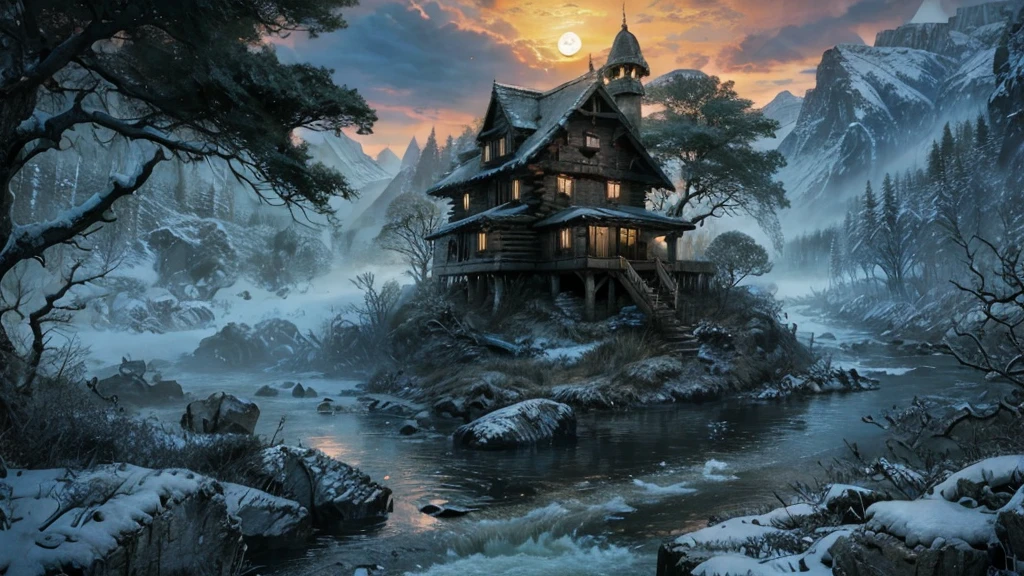 Wild Landscape, Fishing Village Cottage, Log House, Palm tree, Beautiful waterfall, Rough River, Big rocks in the river, Giant Tree, The trunk is wide and large, Sky, sun, moon, Huge mountain range, Depth field, Global Illumination, Surrealism, Glass breaking effect, No background, amazing, Something that doesn't even exist, mythology figure, vitality, molecular, Texture, Rainbow and glow-in-the-dark colors, amazing美丽, Pure perfection, Divine Presence, memorable, touching, amazing美丽, Volumetric Light, Halo, Light, Bright colors reflectlight, Halo, Light, Bright colors reflect, watercolor, Oil color, Popular on ArtStation, Clear focus, Studio Photos, Intricate details, Very detailed,, mystery