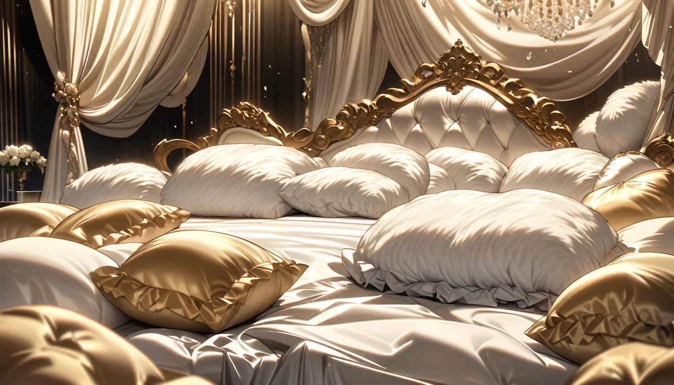 Lots of giant silk pillows. Luxurious and fluffy silk bed. White chocolate sauce splattered