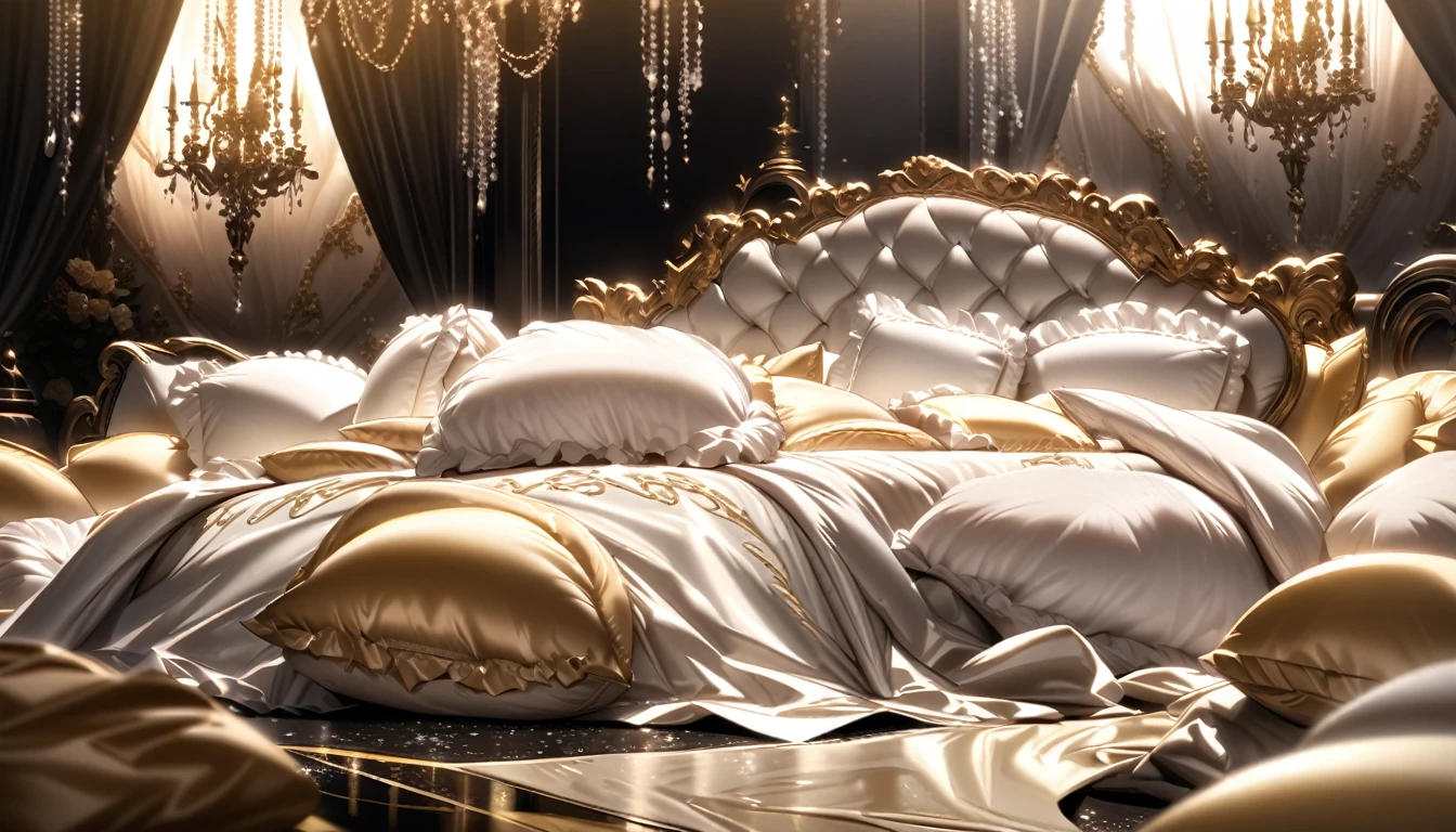 Lots of giant silk pillows. Luxurious and fluffy silk bed. White chocolate sauce splattered