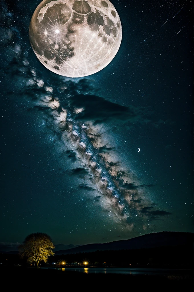 landscape with the very bright moon, stars, in the atmosphere, with a beautiful and unique sky