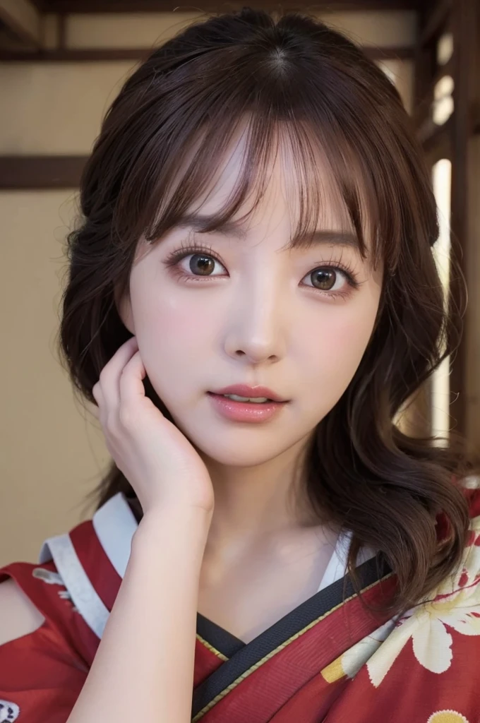 ((8K)), (RAW photo), (Realistic), (photo-realistic), ultra high resolution, masterpiece, highest quality, perfect lighting, professional lighting, detailed lighting, dramatic shadow, ray tracing, (((sharp focus))), 1 Japanese beautiful lady, 30 years old, slender body type, beautiful detailed brown eyes, small breasts, big thick thighs, medium messy hair, light brown hair, half open mouth, looking at viewer, ((old Japanese house)), (intense ecstasy:1.5), kimono, expose one's shoulder, off shoulder, Oiran, Maiko,