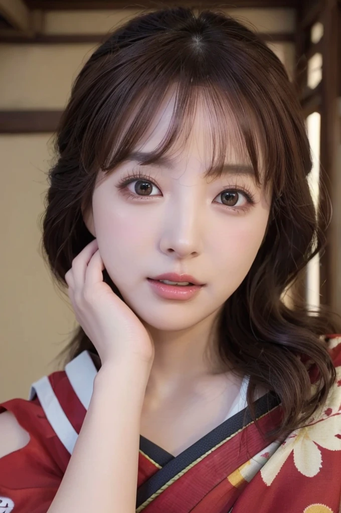 ((8K)), (RAW photo), (Realistic), (photo-realistic), ultra high resolution, masterpiece, highest quality, perfect lighting, professional lighting, detailed lighting, dramatic shadow, ray tracing, (((sharp focus))), 1 Japanese beautiful lady, 30 years old, slender body type, beautiful detailed brown eyes, small breasts, big thick thighs, medium messy hair, light brown hair, half open mouth, looking at viewer, ((old Japanese house)), (intense ecstasy:1.5), kimono, expose one's shoulder, off shoulder, Oiran, Maiko,
