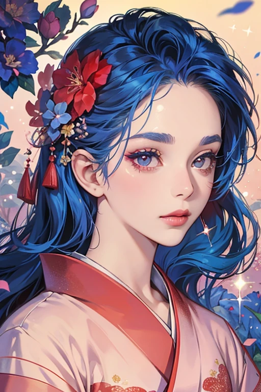 Blue haired with brown eyes, Peach eye shadow, Red lipstick, Light pink eyebrows, Pale skin and blue flowers on cheeks. RED FLOWER KIMONO. SPARKLE; GLITTER