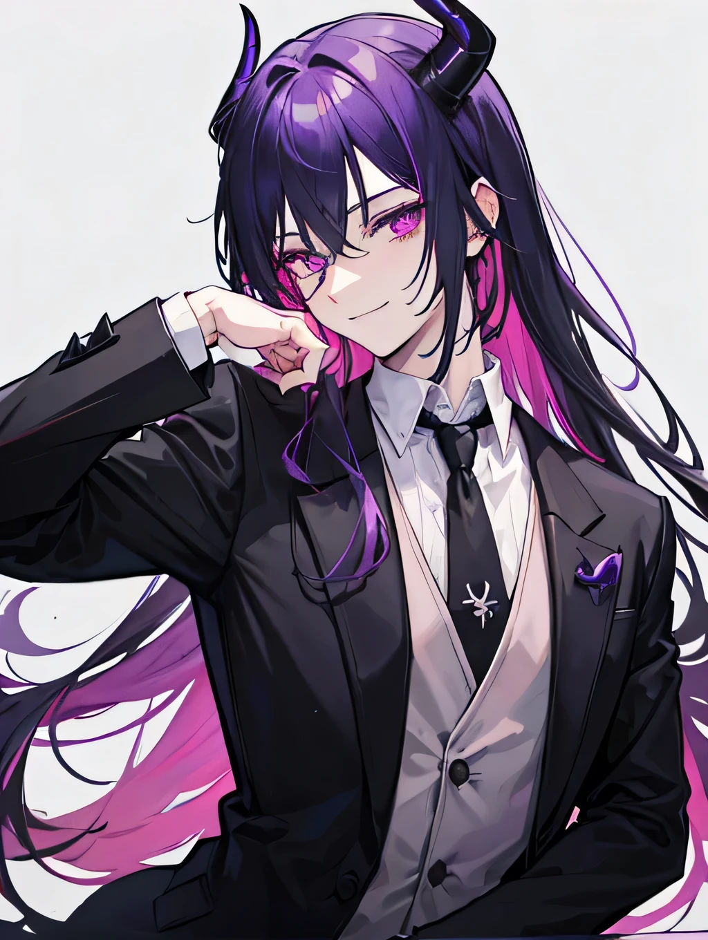 A handsome man, demon, butler, control blood, smiling, black suit, white shirt, black necktie, magenta eyes color, dark blue hair color, demon horns, demon tails, demon wing, blood rose, 27 year old