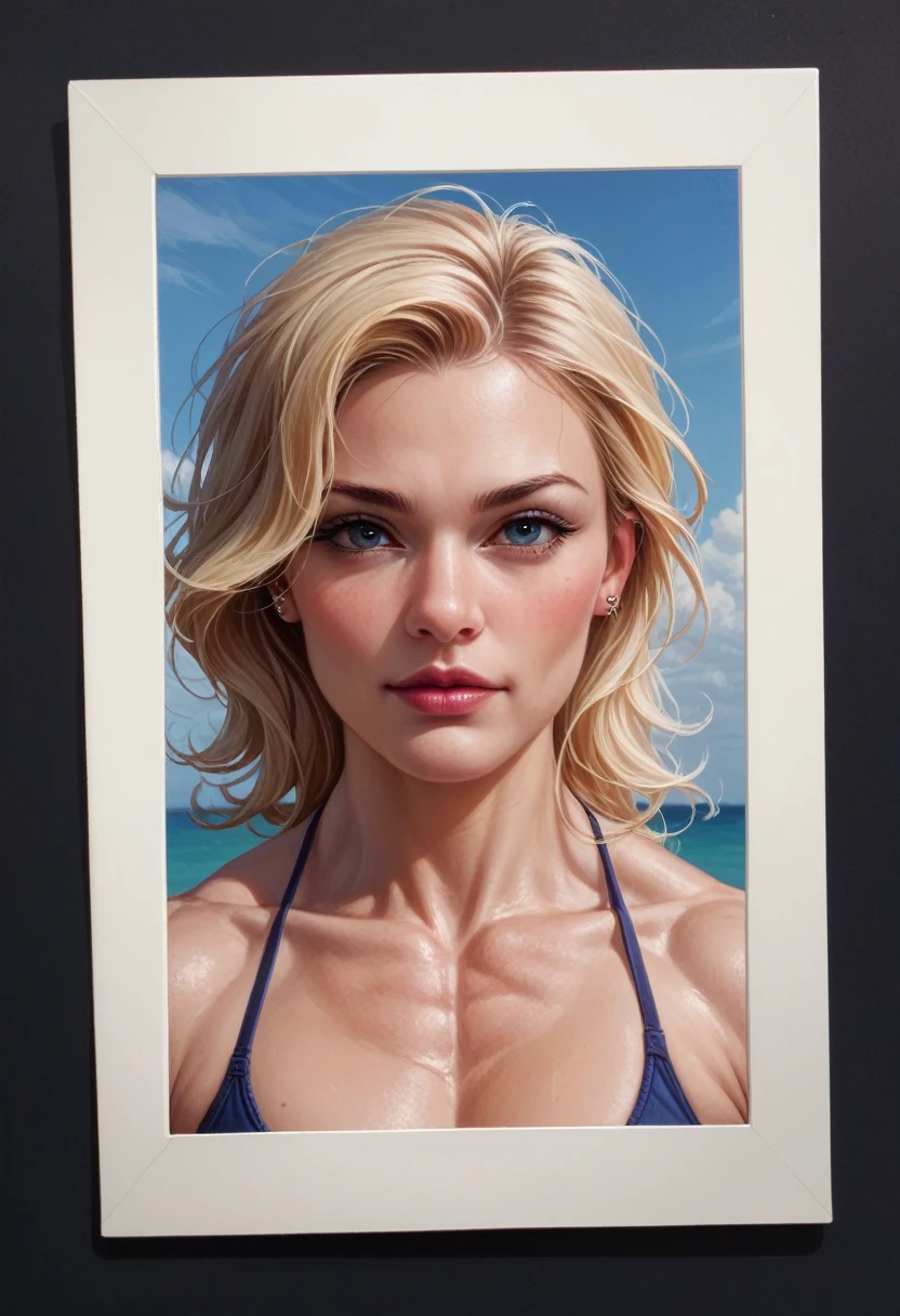 (muscular blonde woman) hyperrealistic art cinematic film still lower angle photography in the style of detailed hyperrealism photoshoot . () Extremely high-resolution details, photographic, realism pushed to extreme, fine texture, incredibly, 