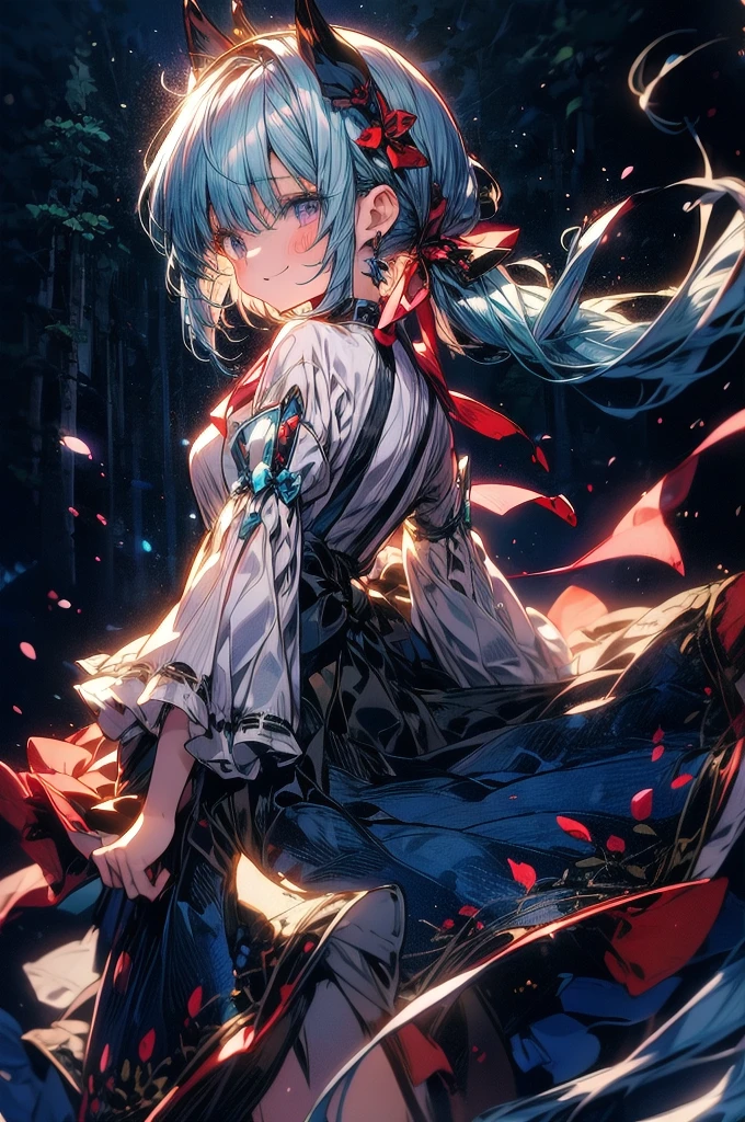     Beautiful light blue hair with a long ponytail and lilac tips. An anime girl wearing a white fir shirt with a long ponytail and a big hairband、A happy and lively character standing on a simple and abstract dark blue background looking back。, close( Perfect Anatomy )

               beautifully、Very fine texture，detailed, bright, High quality animated style presentation
