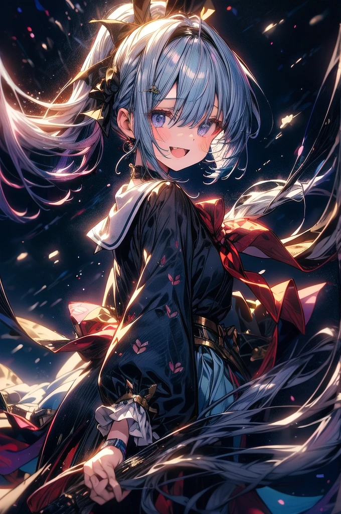 Beautiful light blue hair with a long ponytail and lilac tips. An anime girl wearing a white fir shirt with a long ponytail and a big hairband、A happy and lively character standing on a simple and abstract dark blue background looking back。, close( Perfect Anatomy )
beautifully、Very fine texture,detailed, bright, High quality animated style presentation