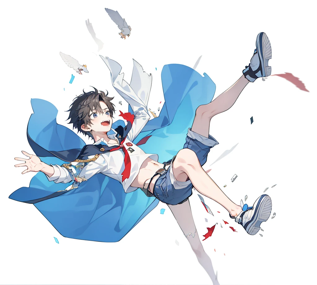 1 boy, 18 years old, cape, bermuda shorts, falling,
