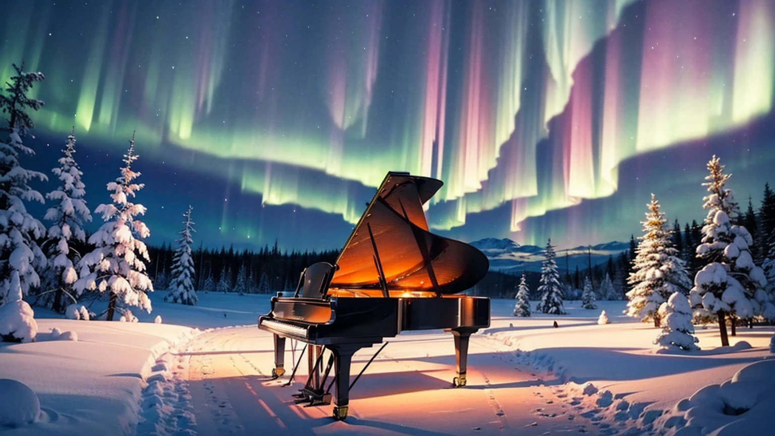 A mystical and enchanting landscape with a single piano under an aurora-filled sky. The surroundings are completely covered in snow, creating a serene