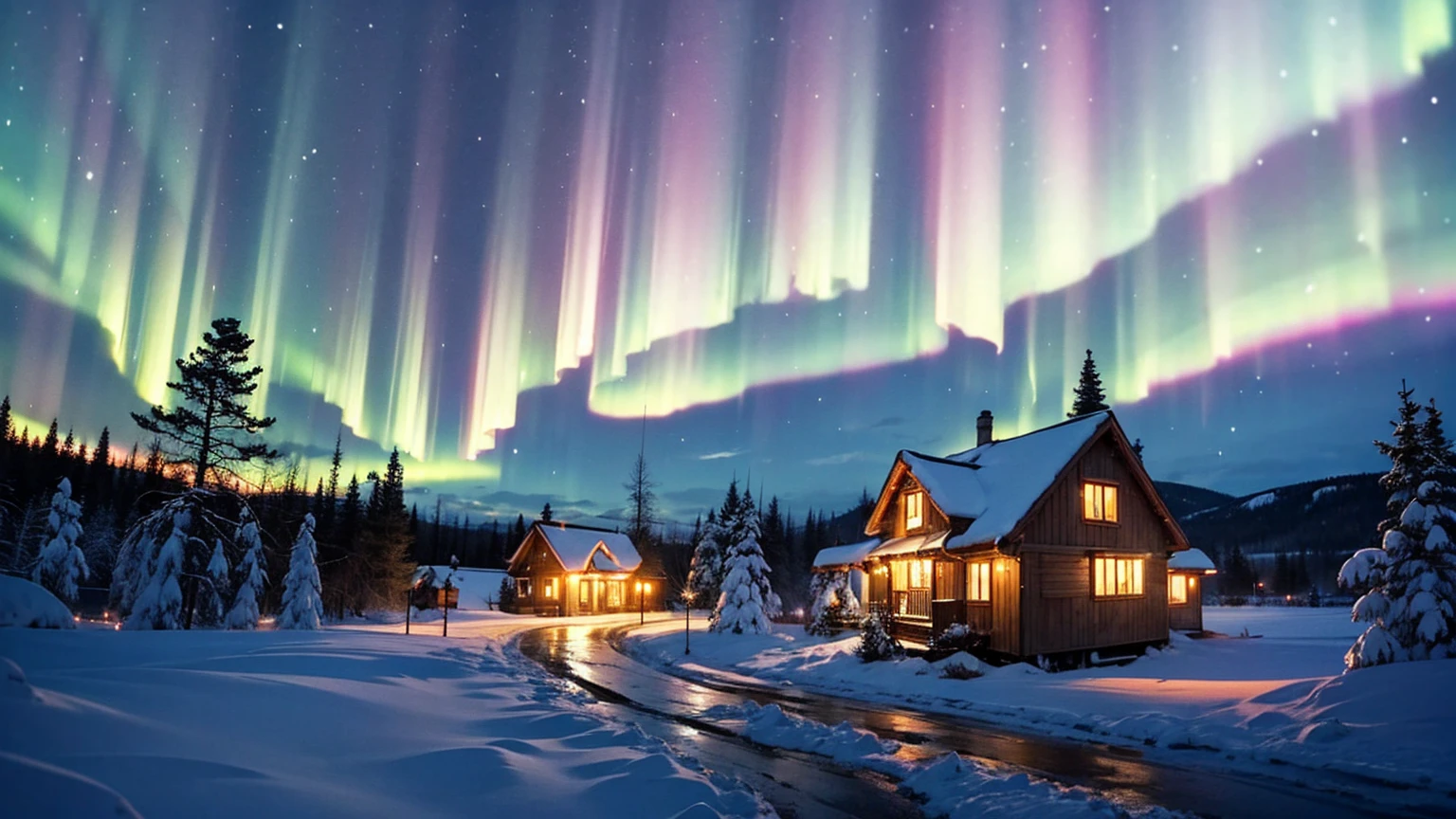 A mystical and enchanting landscape with a single piano under an aurora-filled sky. The surroundings are completely covered in snow, creating a serene