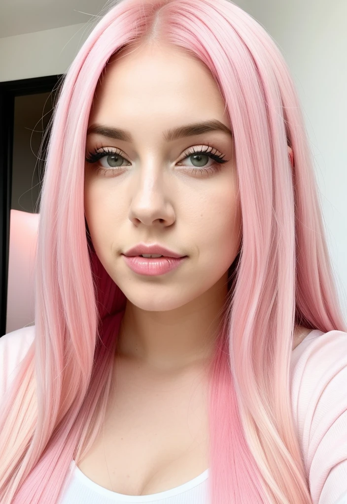 um close up de uma mulher com pink hair e um top preto, pink hair, pink straight hair, pink hair claro, com pink hair, pink hair longo, long bubblegum hair, bubblegum hair, pastel pink skin tone, long flowing pink hair, pink hair claro longo, pink hair wispy, pink hair claro com chamas cor-de-rosa, long hair with pastel colors, ava max, no pijama