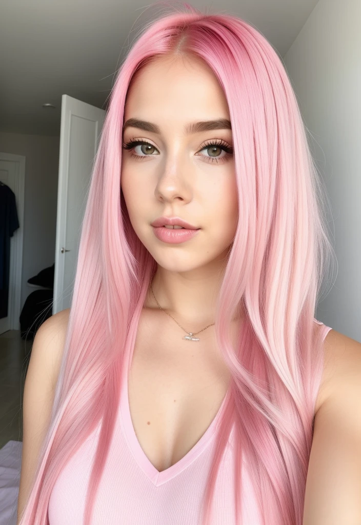 um close up de uma mulher com pink  hair e um top preto, pink  hair, pink straight hair, pink  hair claro, com pink  hair, pink  hair longo, long bubblegum hair, bubblegum hair, pastel pink skin tone, long flowing pink hair, pink  hair claro longo, pink  hair wispy, pink  hair claro com chamas cor-de-rosa, long hair with pastel colors, ava max, no pijama 