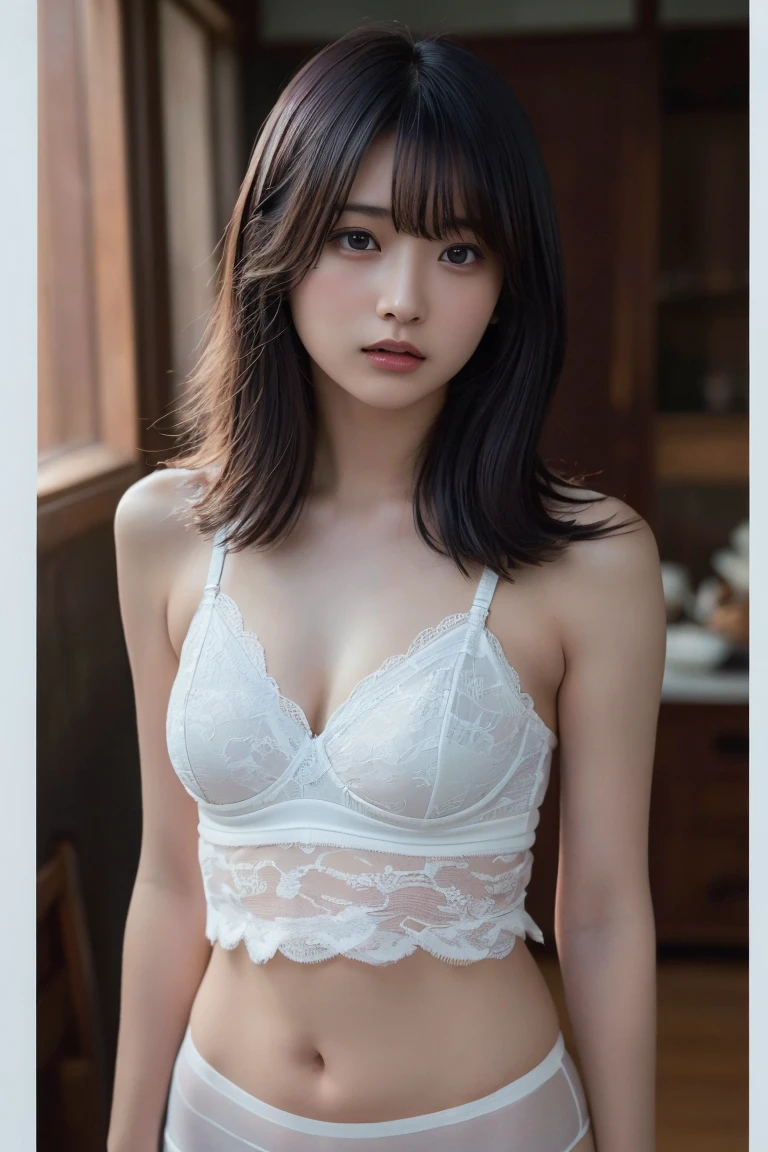 (Highest quality:1.4),(masterpiece:1.4),(Realistic:1.4),(Realistic:1.2),(超High resolution, RAW Photos:1.4),(High resolution, Very detailed:1.2),(8K:1.2),Cinematography,a photo of a dark-haired,Her hairstyle is a short bob with bangs.,One Girl,alone,(In lace underwear),((whole body:1.3))
