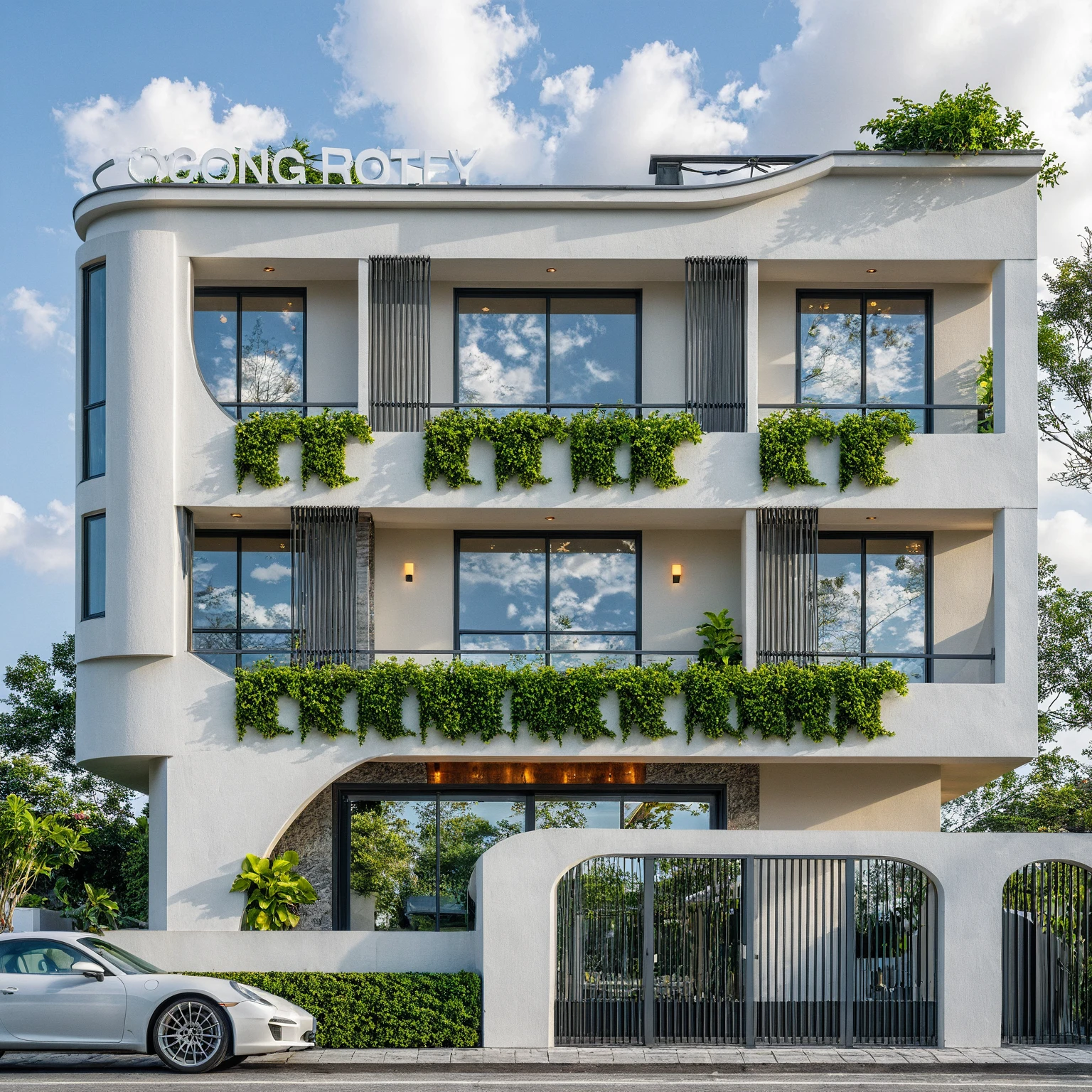 Masterpiece, high quality, best quality, authentic, super detail, outdoors, onestoreyvillaXL, aiaigroup, house style modern on the street ,stairs, white wall ,road,pavement, grass, trees, sky, cloud, (daylight:1.1)
