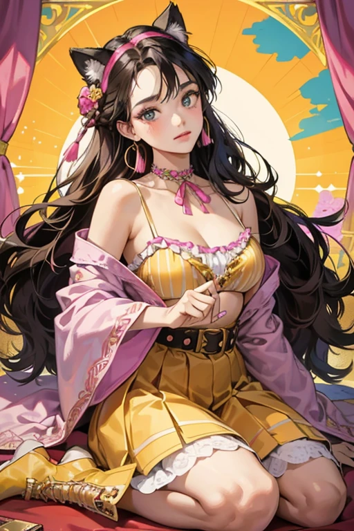 Sunset has dark brown skin and dark brown/black hair in microbraids with a bun on top. Her eyes are hazel brown and she wears eyeshadow fading from yellow to orange and pink, with rosy pink lips and blush in the same color, and blue nail polish.


Sunset wears a striped blue bikini top under a yellow long-sleeved top, this matches the yellow skirt she wears. She also has silver gold fishnets under her beige calf boots which are decorated with a western fringe, the doll comes with a purple robe decorated with magenta flowers and fringe tassel lining the sleeve cuffs and bottom, as well as a functioning magenta ribbon held in place by two ribbon belt loops of the same color.


The doll comes with a molded bead flower choker, two large gold peace sign earrings, five gold beads, and a pair of sunglasses with a gold studded frame and clear pink lenses. She has a colorful suitcase fading from oragne to pink and blue, with a black trim and gold corner protectors, the handle has a zig-zag shape and can extend in and out. She comes with a transparent blue neck pillow with cat ears and pink details, as well as a paper passport.  SPARKLE; GLITTER