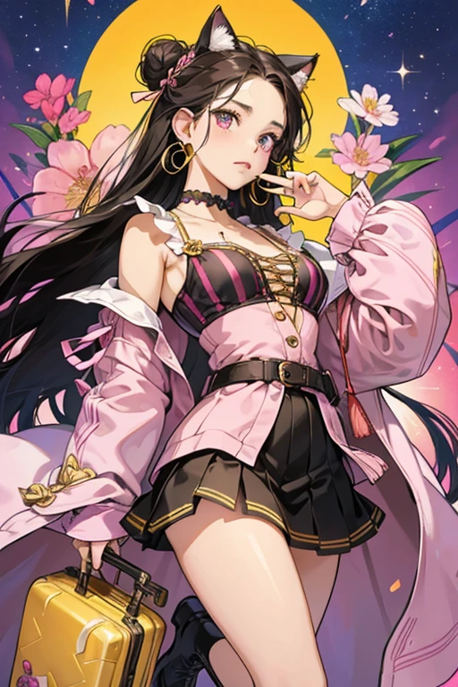 Sunset has dark brown skin and dark brown/black hair in microbraids with a bun on top. Her eyes are hazel brown and she wears eyeshadow fading from yellow to orange and pink, with rosy pink lips and blush in the same color, and blue nail polish.
Sunset wears a striped blue bikini top under a yellow long-sleeved top, this matches the yellow skirt she wears. She also has silver gold fishnets under her beige calf boots which are decorated with a western fringe, the doll comes with a purple robe decorated with magenta flowers and fringe tassel lining the sleeve cuffs and bottom, as well as a functioning magenta ribbon held in place by two ribbon belt loops of the same color.
The doll comes with a molded bead flower choker, two large gold peace sign earrings, five gold beads, and a pair of sunglasses with a gold studded frame and clear pink lenses. She has a colorful suitcase fading from oragne to pink and blue, with a black trim and gold corner protectors, the handle has a zig-zag shape and can extend in and out. She comes with a transparent blue neck pillow with cat ears and pink details, as well as a paper passport. SPARKLE; GLITTER