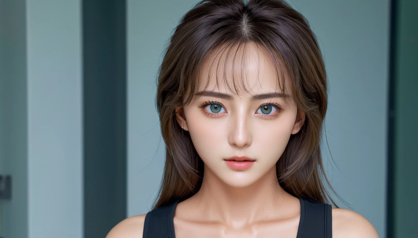 ((best quality, 8K, masterpiece :1.3)), 1 woman, Pretty woman with slim abs highlighted :1.3, (random hairstyle, medium chest :1.2), Oversized tank top :1.2, very detailed face, detailed eyes, double eyelid
