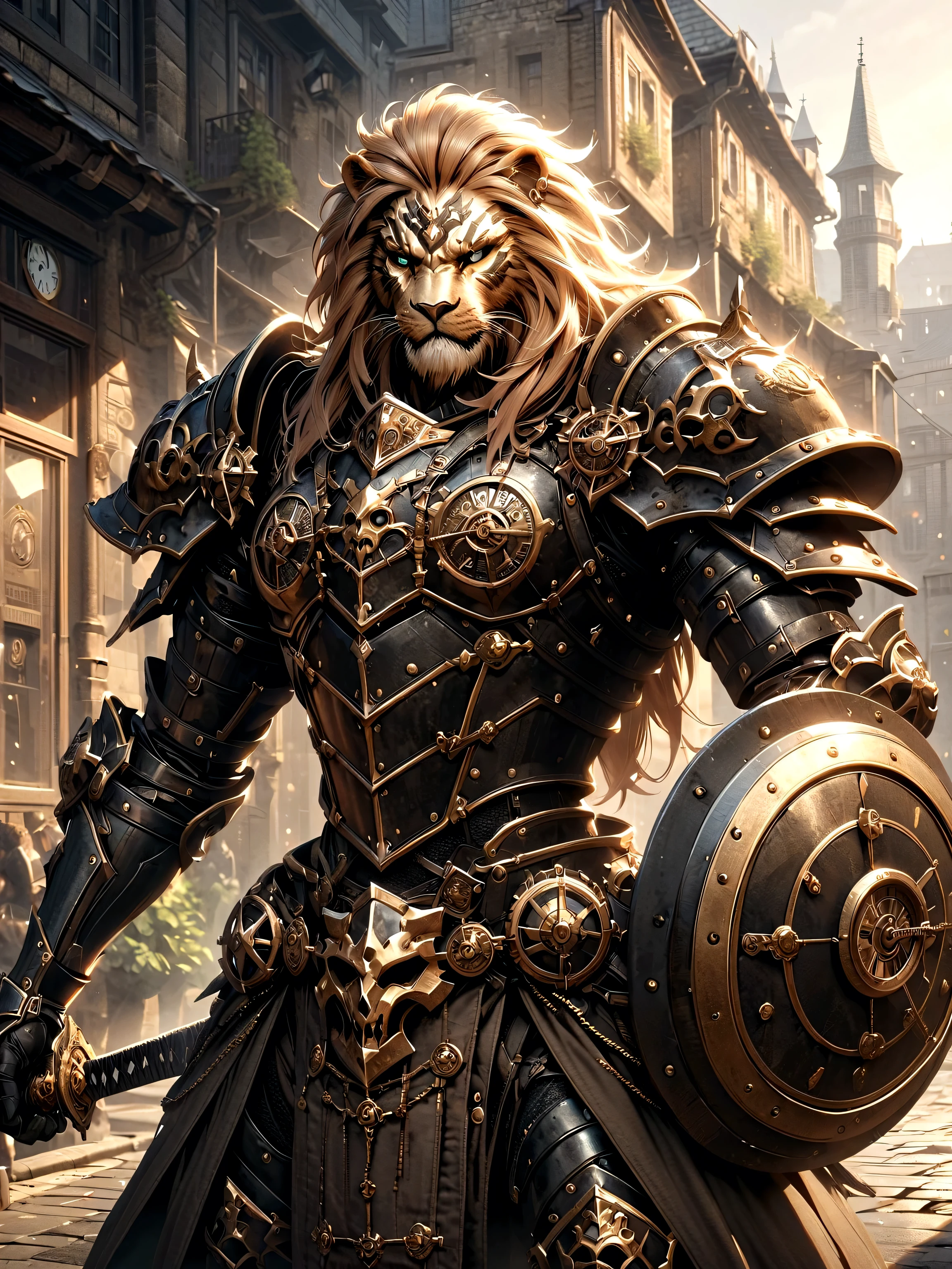 Lion Knight wearing combat uniform, on the street, black armor, Clock designs, Black Lion Man, Black Color armor, Sword and Shield