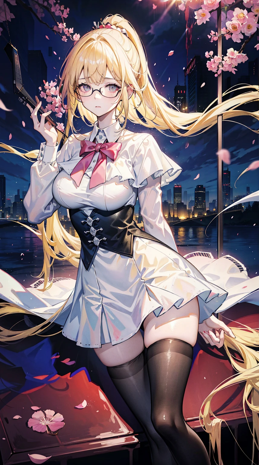 Young and beautiful Kathryn Newton, Glasses, White dress shirt, Very deep neckline, Black Mini Dress, Dark pantyhose, Surreal, 14 years old, Model figure, Large Breasts, Beautiful breasts, Big Ass, Long hair, Ponytail, Blonde hair, Long legs, 8K, futuristic city, Cherry blossoms, sunrise, LED lighting, Anime style, (((Cleavage)))