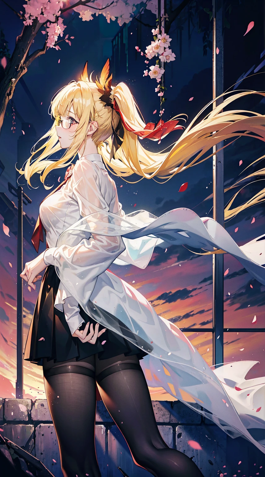 Young and beautiful Kathryn Newton, Glasses, White dress shirt, great neckline, Black Mini Dress, Dark pantyhose, High balance, Surreal, 14 years old, Model figure, Large Breasts, Beautiful breasts, Big Ass, Long hair, Ponytail- Horse, Blonde hair, Long legs, 8K, futuristic city, Cherry blossoms, sunrise, LED lighting, There was blood on the wall, Pool of blood, filled with human remains, Detailed reflection, Anime style, sad