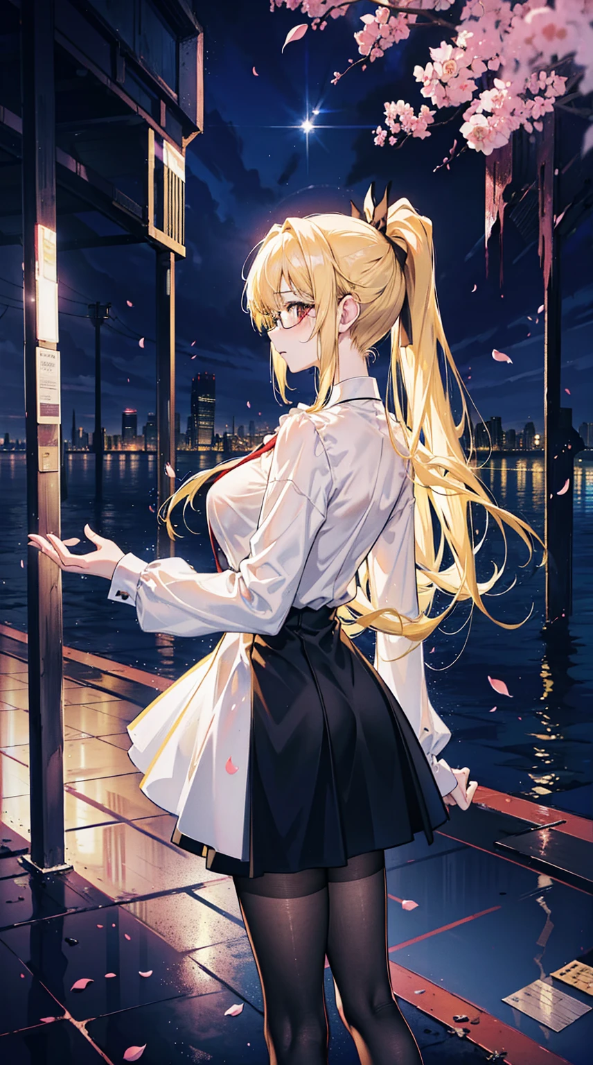 Young and beautiful Kathryn Newton, Glasses, White dress shirt, great neckline, Black Mini Dress, Dark pantyhose, High balance, Surreal, 14 years old, Model figure, Large Breasts, Beautiful breasts, Big Ass, Long hair, Ponytail- Horse, Blonde hair, Long legs, 8K, futuristic city, Cherry blossoms, sunrise, LED lighting, There was blood on the wall, Pool of blood, filled with human remains, Detailed reflection, Anime style, sad
