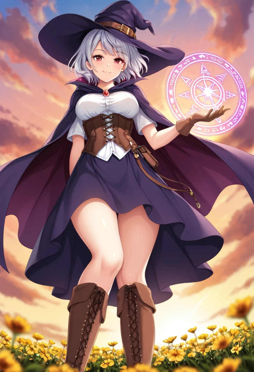 Portrait image. Soft anime tones. Low angle view. Looking over shoulder. Beautiful 1woman. Mage. Magic circle. Flowing cloak, tunic, gloves, skirt, corset, boots. Highly detailed face, short hair, highly detailed red eyes. Curvy. Open field of flowers. Blurred background. Sunset. Natural light enhancing contours of her body... Sunrise. Sky is gradient blue and purple. Smile. . Clouds. Witch hat. Hand behind back