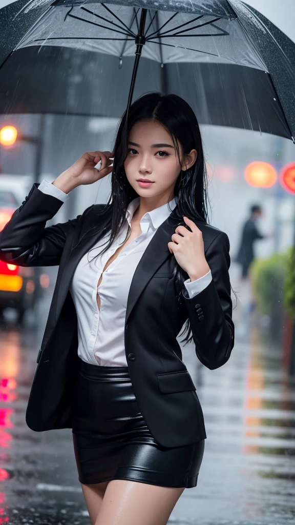 (masterpiece), best quality, expressive eyes, perfect face, (8k, best quality, masterpiece:1.2),(best quality:1.0), (ultra highres:1.0), body full shot, solo, Beautiful girl, 19 years old, cool expression, sexy lips,  black hair, Wet hair, Wearing business clothes, wet clothes, Walking in the pouring rain, cinematic shot, aesthetic rain, long shot